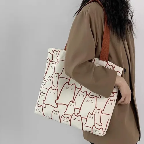 Miniatura 7 de Bonita bolsa de mano para mujer con cremallera, divertido bolso con gatos, perros, bolso grande de lona para el hombro