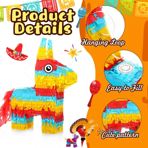 Miniatura 7 de Lenwen Donkey Piata - Paquete de 16 x 10 x 3 pulgadas con palo, venda y confeti para fiesta mexicana, cumpleaños de niños, decoración de fiesta