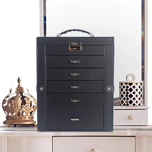 Miniatura 8 de Kendal Cajas de joyería grandes para mujer 6 capas de cuero negro elegante para joyas caja organizadora de almacenamiento con cerradura para collar