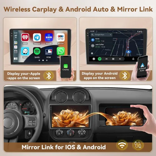 Miniatura 3 de [4+128G] Android 15 Estéreo de coche para Jeep Compass Patriot 2010-2016, 10 pulgadas en celda pantalla táctil brújula radio inalámbrico Carplay