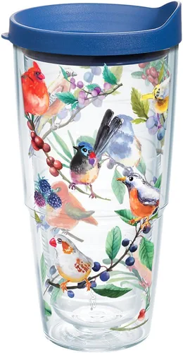 Taza aislada Tervis Watercolor Songbirds de doble pared hecha en Estados Unidos mantiene las bebidas frías y calientes, 24 onzas, transparente