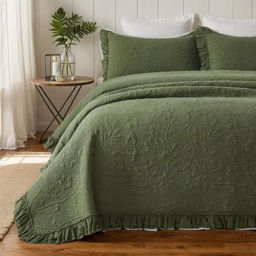 Miniatura 14 de Brandream Juego de Edredón Tamaño Queen de Algodón Beige con Estampado Floral y Enredaderas Matelassé Juego de Colcha con Volantes 3 Piezas