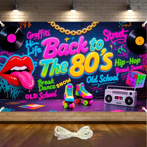 Telón de fondo de Back to The 80's de 6 x 3.6 pies, decoraciones de fiesta de los años 80, telón de fondo de los años 80, pared de graffiti de hip
