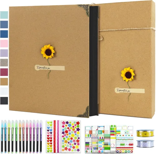 Miniatura 16 de Vienrose Kit de álbum de fotos de bricolaje con bolígrafos, cintas y calcomanías, 60 páginas, tapa dura de 8.5 x 11 pulgadas, 3 anillos, papel negro