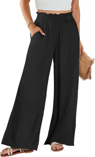 ANRABESS Pantalones palazzo de lino para mujer, estilo casual, holgados, cintura alta, pierna ancha, pantalones de playa con bolsillo
