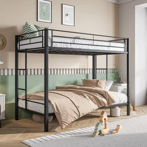 Miniatura 3 de HAUSHECK Literas individuales para 2 niños, litera individual sobre individual con dos escaleras laterales y barandillas de longitud completa