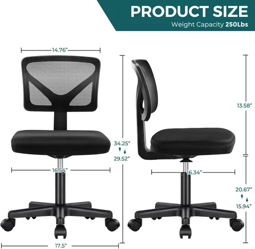 Miniatura 3 de DUMOS Sillas de oficina sin brazos con ruedas, ergonómicas ajustables para escritorio en casa, silla giratoria con ruedas, sin brazos, cómoda malla