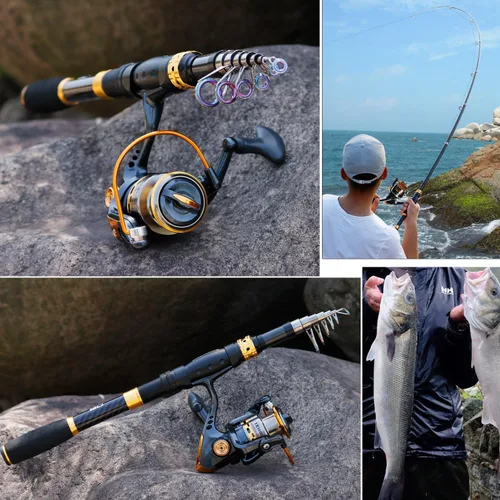 Miniatura 6 de Sougayilang Carrete de caña de pescar Combos de fibra de carbono telescópica caña de pescar con carrete giratorio para viajes agua salada pesca