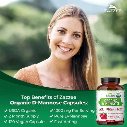 Miniatura 3 de Zazzee D-manosa orgánica USDA, 1000 mg por porción, 120 cápsulas veganas, suministro de 2 meses, sin OMG, soporte para el tracto urinario
