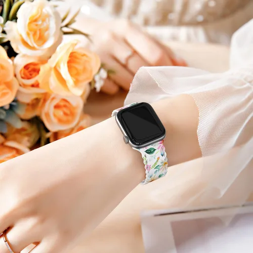 Miniatura 5 de Correa de encaje floral compatible con Apple Watch de 40mm 44mm 46mm 41mm 45mm 38mm 42mm 49mm, mujeres, correa deportiva de repuesto de silicona B