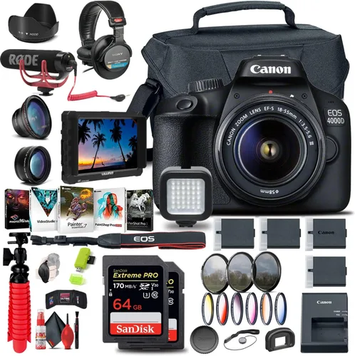 Canon Cámara DSLR EOS 4000D / Rebel T100 con lente de 0.709-2.165 in + monitor 4K + micrófono + auriculares + 2 tarjetas de 64 GB + kit de filtro +