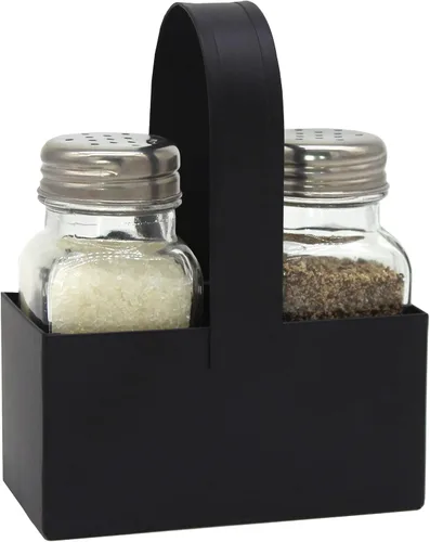 CVHOMEDECO. Juego de saleros y pimenteros con organizador galvanizado negro, dispensadores de sal y pimienta de vidrio de granja, soporte de metal