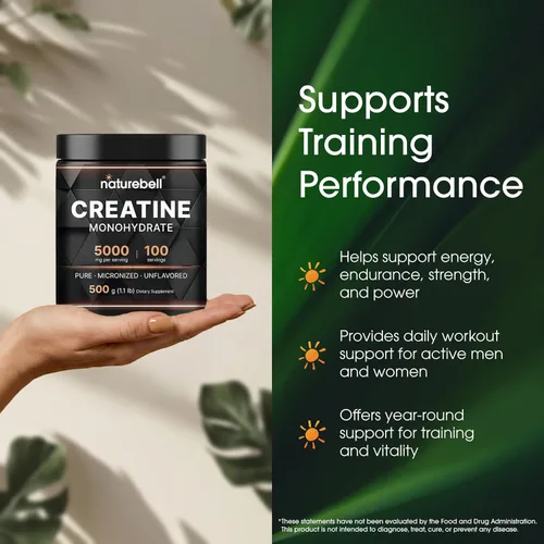 Miniatura 4 de NatureBell Polvo de Monohidrato de Creatina Instantáneo 500 Gramos, 5000mg Por Porción, Polvo de Creatina Micronizado Sin Sabor - Pre Entrenamiento