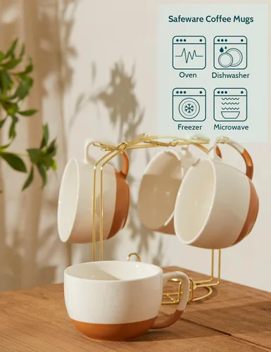 Miniatura 3 de Teocera Juego de 4 tazas de café color beige, taza de café de cerámica de 16 onzas, juego de tazas grandes con asa para bebidas frías o calientes