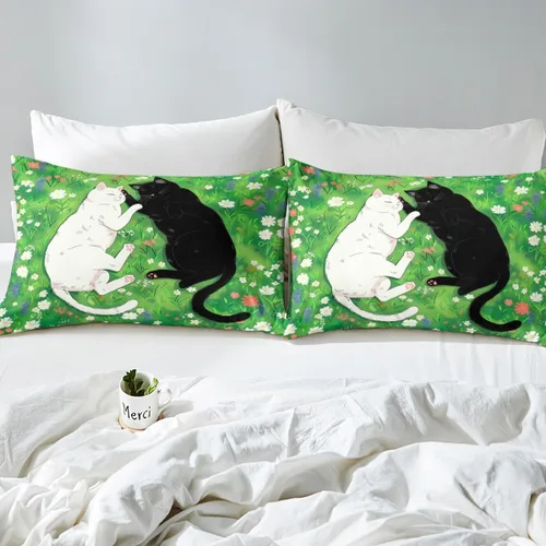 Miniatura 5 de Funda de edredón de gatos negros y blancos, juego de ropa de cama verde para niños, bonita funda de edredón de gatos para decoración de habitación