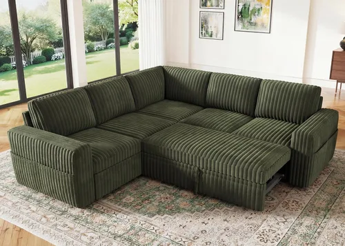 HONBAY - Sofá seccional modular con cama desplegable, sofá en forma de L de pana con almacenamiento, sofás seccionales para sala de estar, verde