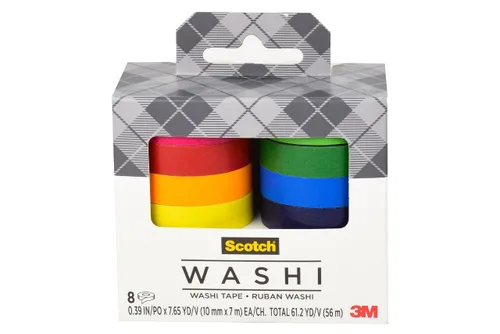 Scotch Cinta washi, diseño de arco iris de color sólido, 8 rollos, ideal para diario de viñetas, álbumes de recortes y decoración de bricolaje