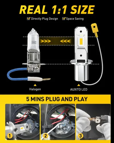 Miniatura 4 de AUXITO Bombilla LED H3 amarilla 3000K, 16,000 lúmenes, 600% súper brillante, 10 años de vida útil, tamaño 1:1 Plug-n-Play, instalación 100%
