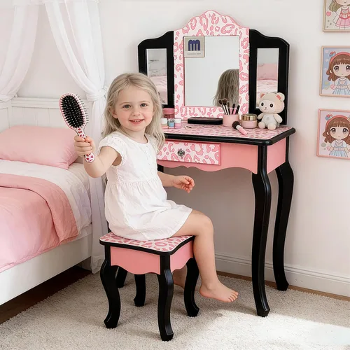 Miniatura 4 de Juego de mesa de tocador y taburete de madera para niños, estación de tocador de maquillaje con espejo desmontable de tres pliegues y cajón