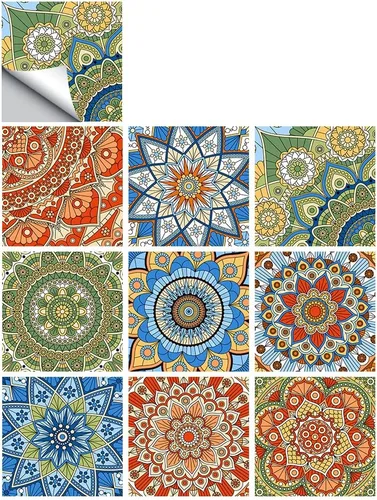 Miniatura 11 de 25 calcomanías de azulejos estilo mandala, murales tradicionales de bricolaje de 4 x 4 pulgadas, azulejos impermeables a prueba de aceite, Mtl-01