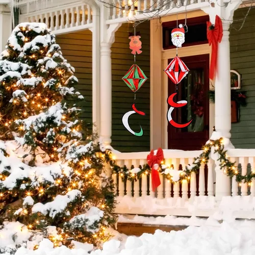 Miniatura 5 de Paquete de 2 molinos de viento rizados, diseño de Papá Noel, muñeco de nieve de Navidad de 40 pulgadas, decoración de molino de viento colgante