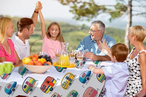 Miniatura 2 de DPLin Mantel de camping impermeable reutilizable para mesa de pícnic, mantel Happy Camper, manta de picnic al aire libre