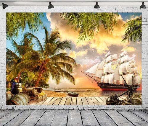 Miniatura 4 de BELECO Telón de fondo de barco pirata de isla de playa, 5 x 3 pies, paisaje marino de verano, fondo de palmeras, fondo de madera, caja del tesoro