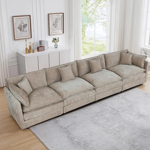 Miniatura 36 de Setawix Sofá Profundo de 3 Plazas con Otomana, Sofás de Nube en Forma de L de 112.2" para Sala de Estar, Sofá de Nube de Chenilla con Asiento Café