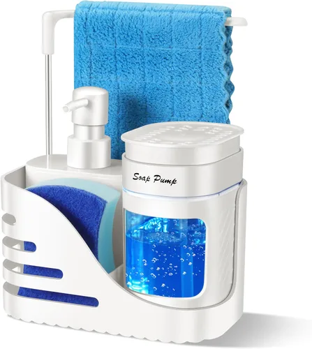 Miniatura 7 de Set de dispensador de jabón de cocina, dispensador doble de jabón para manos y platos 4-en-1 con soporte de esponja y soporte de paño para fregadero