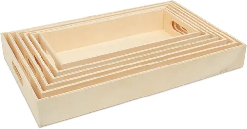Bandejas de madera sin terminar con asas, juego de 6, para manualidades, resina, organización, decoración de bricolaje y actividades Montessori, por