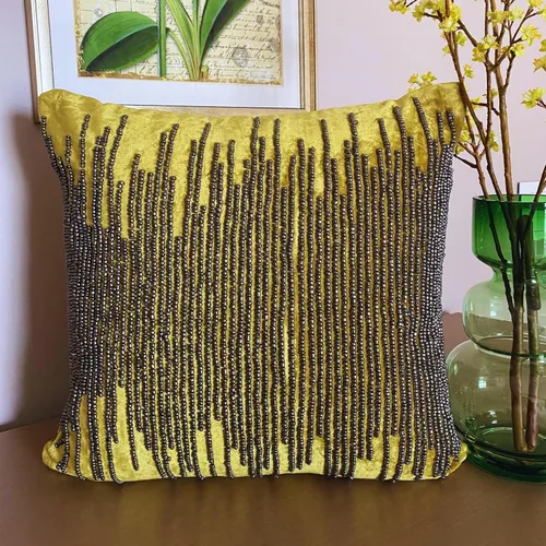 Miniatura 3 de The HomeCentric Fundas de almohada, 12 x 12 pulgadas, cuadradas, decorativas, fundas de almohada de terciopelo Chartreuse con cuentas grises
