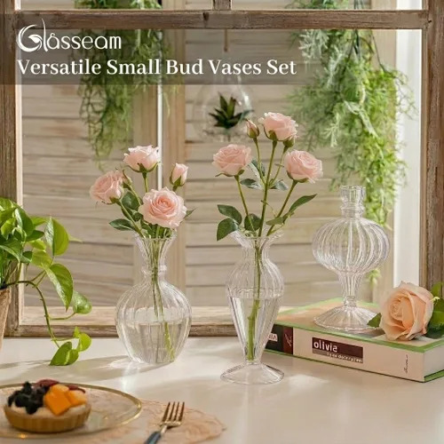 Miniatura 3 de Glasseam Jarrones pequeños de cristal: juego de 3 jarrones transparentes acanalados para flores de rosas individuales, mini centros de mesa modernos