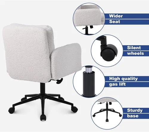 Miniatura 6 de Youhauchair Silla tapizada para oficina en casa, cachemira sintética, moderna, respaldo medio, silla de escritorio con ruedas, ergonómica, altura