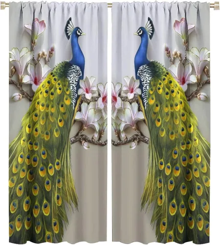 Miniatura 28 de Cortina opaca con estampado de pavo real, con estampado de animales retro, con bolsillo para cortinero y flores de peonía doradas, para dormitorio