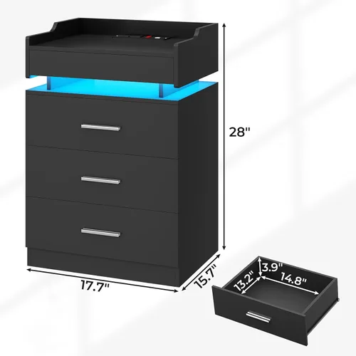 Miniatura 2 de BTHFST Mesita de noche grande con estación de carga y luces LED, mesita de noche negra con 3 cajones y 1 bandeja extraíble, mesa auxiliar
