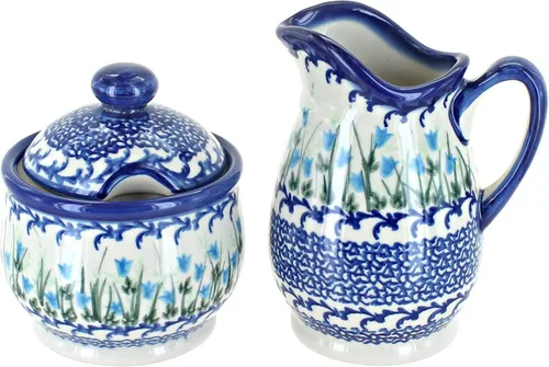 Miniatura 9 de Set de crema y azúcar de flor de manzana y cerámica polaca de rosa azul