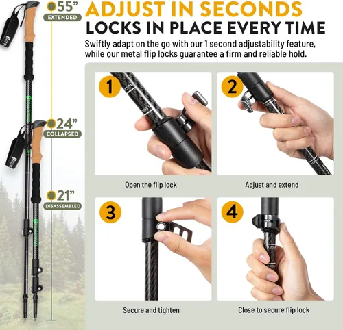 Miniatura 6 de 100% Carbon Fiber Trekking Poles by USA Brand - Ultra Strong Lightweight Collapsible Hiking Poles with Cork and EVA Foam Grips & Quick Adjustable