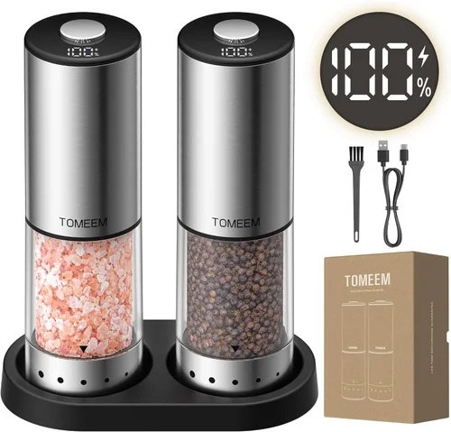 TOMEEM Rechargeable Electric Salt and Pepper Grinder Set, 115ml Large Capacity Stainless Steel Automatic Pepper Mill with Storage Base, LED Display