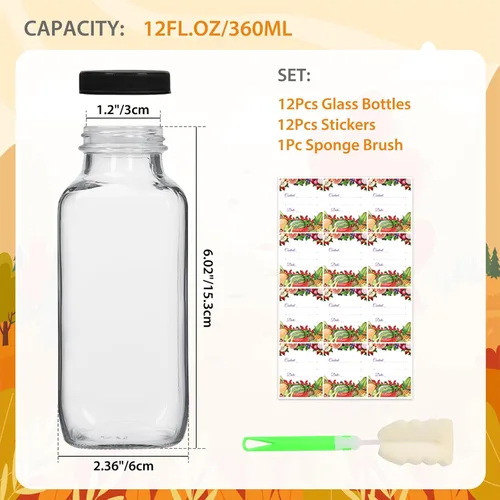 Miniatura 4 de AuroTrends Botellas de vidrio de 12 onzas con tapas 12Pack, botellas de vidrio de 360ml para jugos, agua, kombucha - Botellas de vidrio