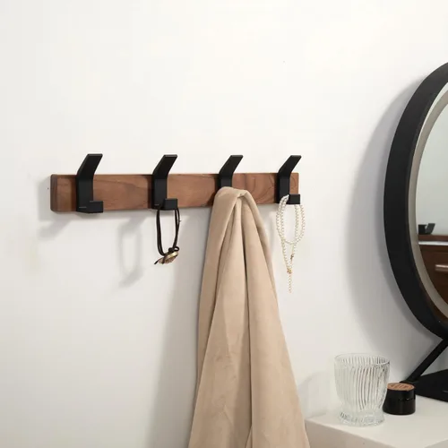 Miniatura 5 de Perchero de Pared - 15.7 Pulgadas Perchero de Ganchos de Madera de Nogal Montaje en Pared con 4 Ganchos de Aluminio Negro Ganchos de Abrigo