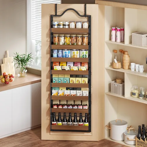 Miniatura 6 de Organizador de especias de 8 niveles para montar en la pared, organizador de despensa sobre la puerta resistente con cesta ajustable de madera