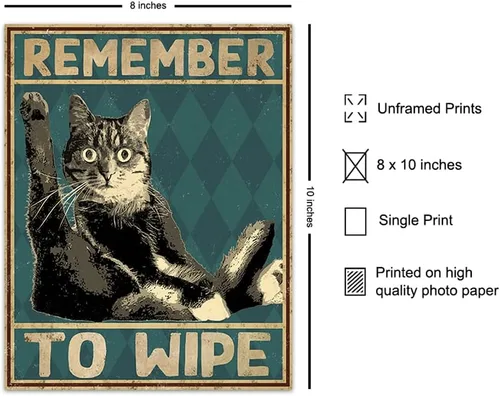 Miniatura 2 de Divertida decoración de baño de gato, póster con texto en inglés "Remember to Wipe Cat", decoración de pared de baño, decoración de pared de baño