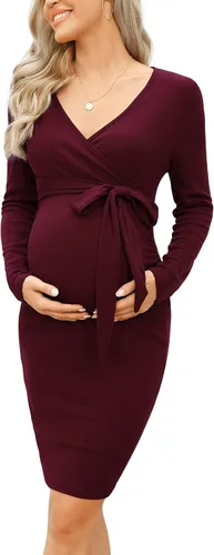 KOJOOIN Vestido de maternidad de punto acanalado de manga larga con cuello en V, entallado, para otoño, casual, minivestido para baby shower, sesión