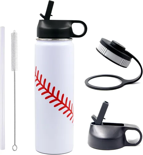 Miniatura 16 de Botella de agua de béisbol de 18 onzas, botella deportiva de boca ancha, vaso de viaje de metal con 2 tapas, botellas de agua aisladas al vacío