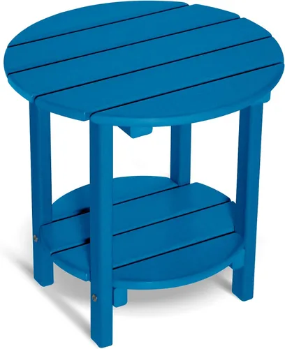 Miniatura 28 de Mesa auxiliar redonda de 2 niveles para exteriores con veta similar a la madera, mesa auxiliar Adirondack de HDPE para patio, mesa auxiliar Azul
