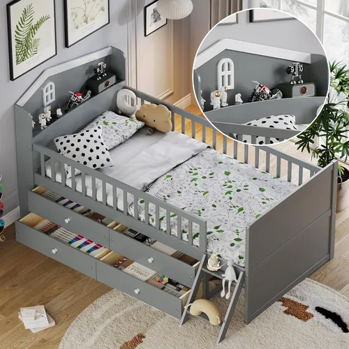Miniatura 32 de VilroCaz Moderna cabecera de almacenamiento de cama de tamaño individual y barandilla de seguridad para niños, base de cama de plataforma de madera