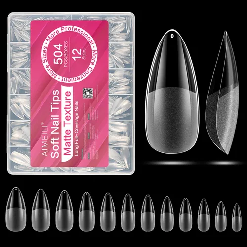 Miniatura 19 de AIMEILI 432 puntas de uñas postizas cortas de almendra, redondas, de cobertura completa, para extensión de uñas de remojo, uñas postizas acrílicas a