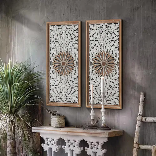 Miniatura 8 de XIAOAIKA Arte de Pared Tallado Boho, Paneles Blancos Envejecidos Antiguos de 31.5 Pulgadas, Escultura Decorativa Tallada a Mano para Sala de Estar