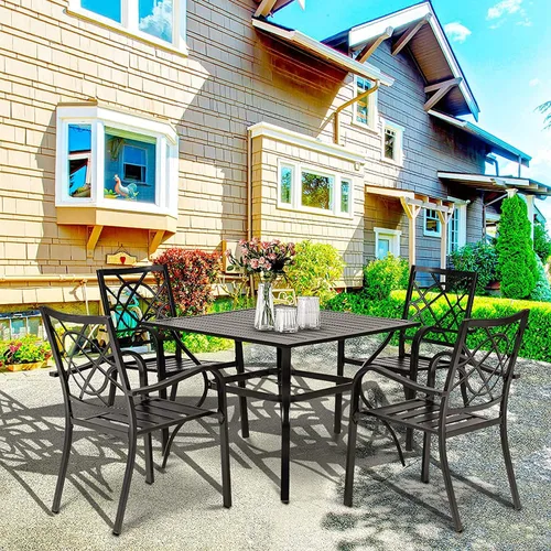 Miniatura 3 de 2 sillas de comedor al aire libre, sillas apilables de hierro forjado para patio, bistró, con reposabrazos para jardín, porche, patio trasero, Negro