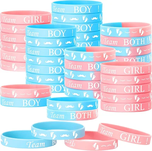 Hicarer 60 pulseras de goma de silicona para baby shower, decoración de revelación de género, regalos, suministros de fiesta, juegos de suministros